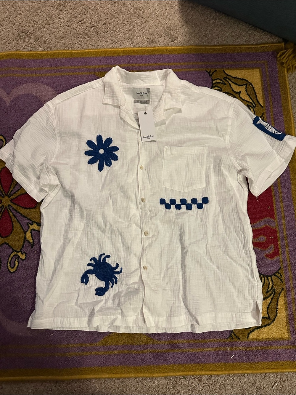 Goodfellow & Co White Short-Sleeve Button-Up Shirt with Blue Embroidery